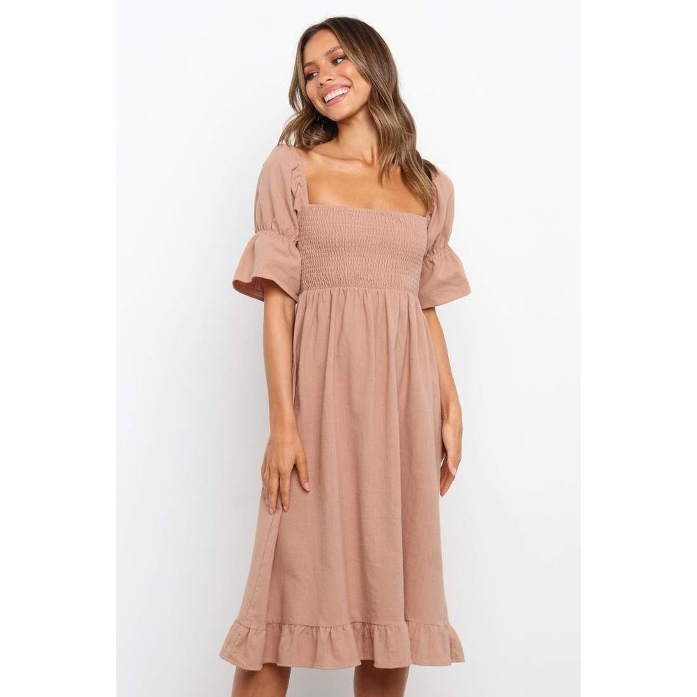 Petal & Pup Smocked Midi Dress M Cottage Prairie Linen Blend Minimalist Brown